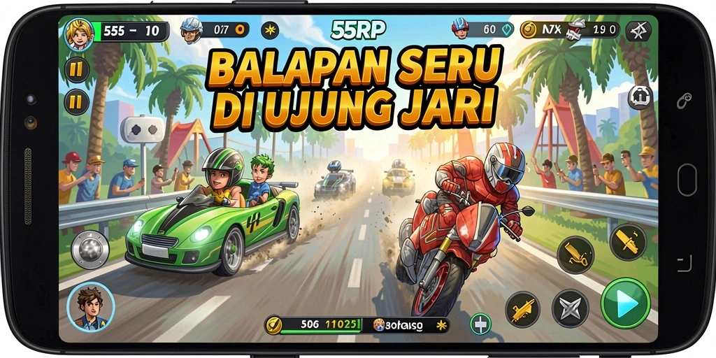 Tampilan balapan seru di 55RP dengan mobil cepat dan trek menantang.