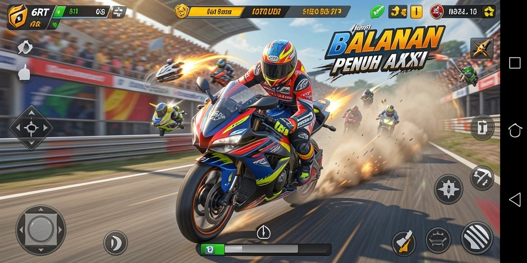 Screenshot menampilkan gameplay balapan motor yang seru dan mendebarkan.