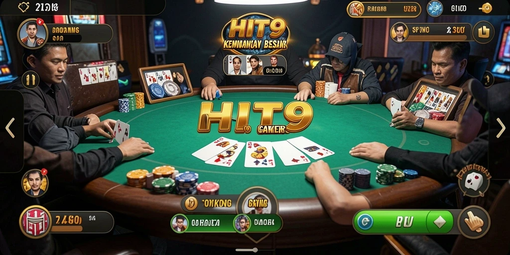 Tampilan gameplay mendebarkan dalam HIT9 dengan suasana poker yang menantang.