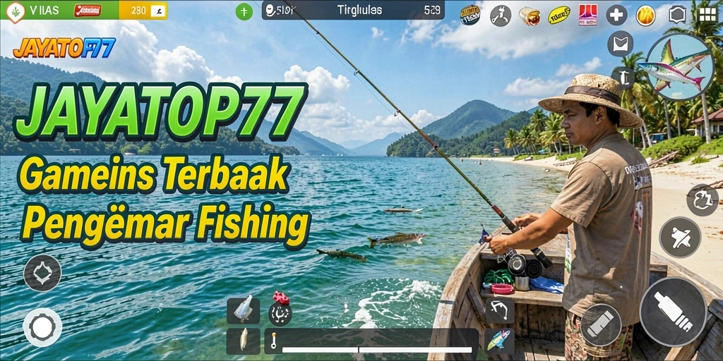 Screenshot gameplay JAYATOP77 dengan ikan yang ditangkap di pemandangan indah.