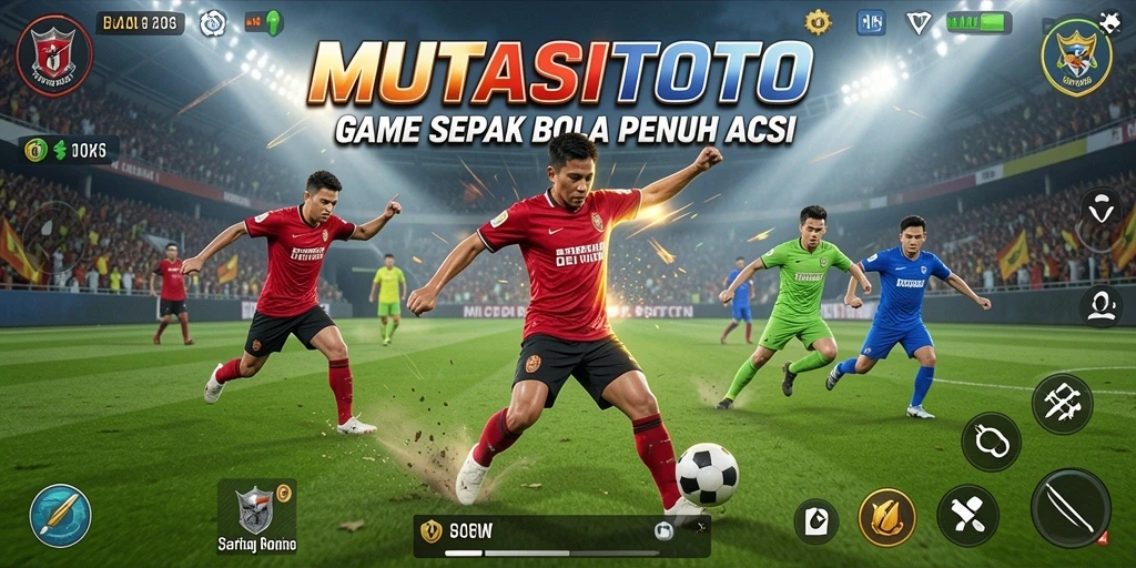 Screenshot gameplay MUTASITOTO menampilkan aksi sepak bola yang mendebarkan.