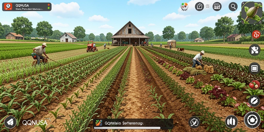Tangkapan layar gameplay QQNUSA dengan suasana ladang yang indah.