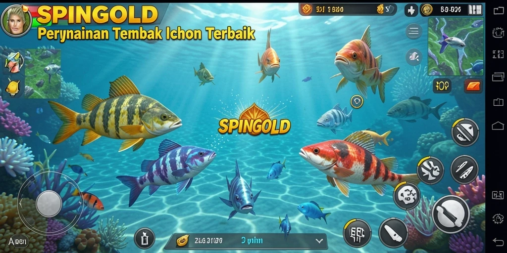 Tangkapan layar permainan <strong>SPINGOLD</strong> dengan ikan berwarna-warni di lautan.